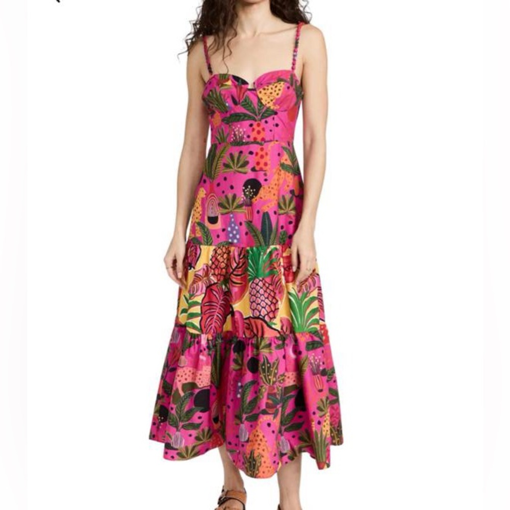 FARM Rio Pink Tropical Tiered Midi Dress